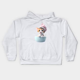 Calico kitten with bathing cap splashing in her bathtub Kids Hoodie